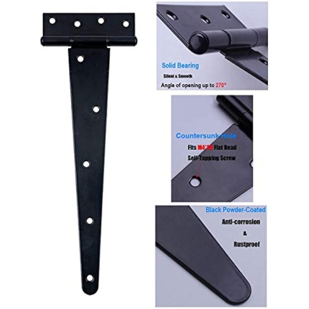 16 Inch Heavy Duty T-Hinges | Black Wrought Iron, 3 Pack