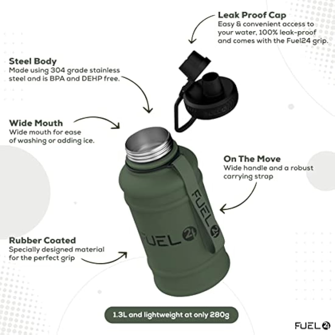 Fuel24 Stainless Steel Water Bottle – 1.3L/2.2L Leakproof Gym Jug