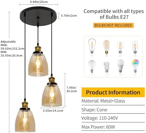 Jolof Store 3-Light Vintage Glass Pendant Light – Cognac Industrial Lamp