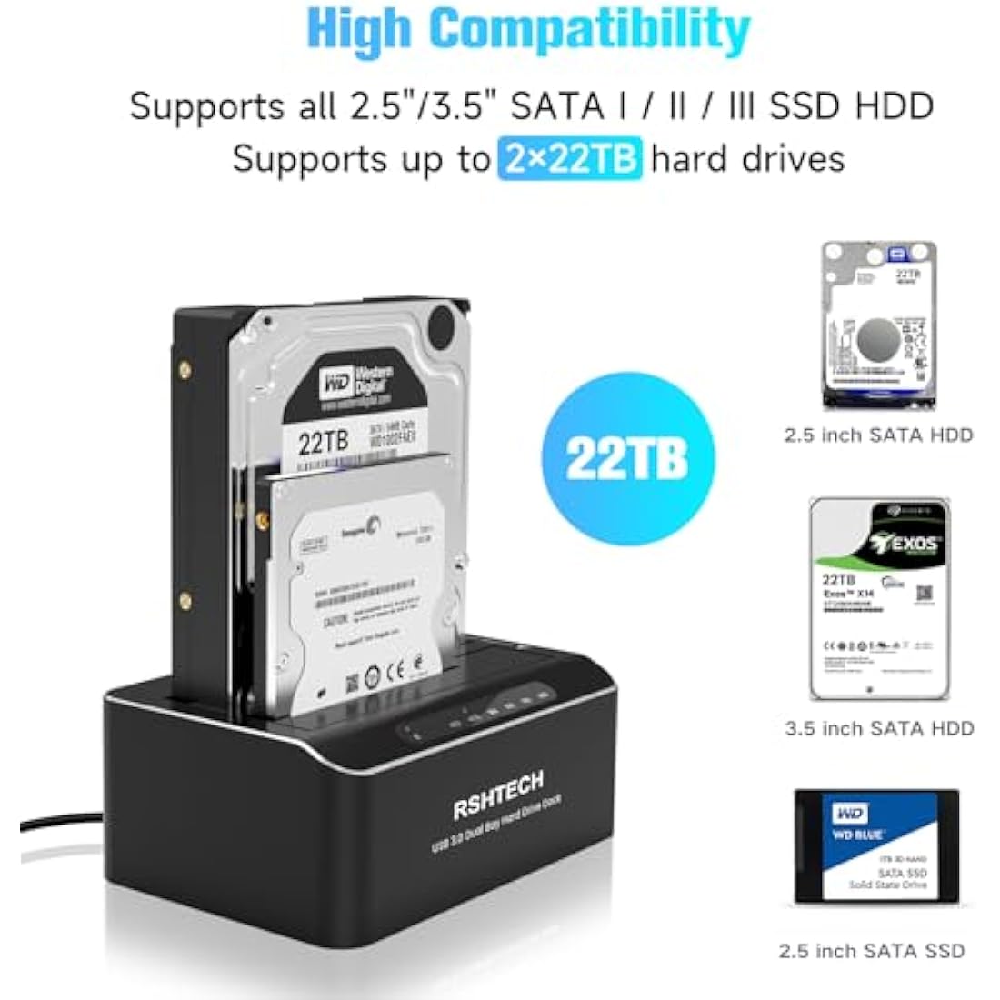 RSHTECH Dual Bay SATA HDD Docking Station | USB 3.0 Aluminum Offline Clone