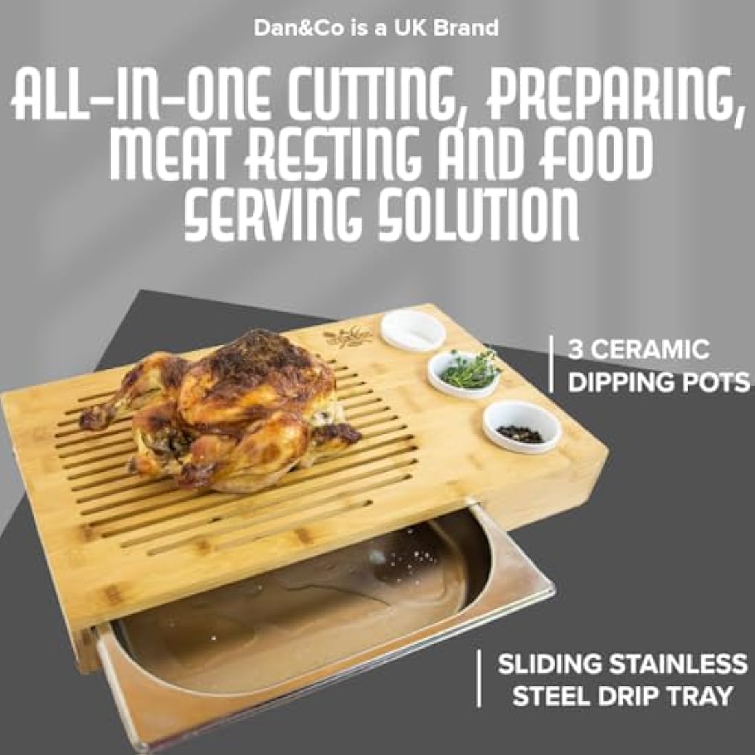 Dan&Co Bamboo Meat Carving Board with Drip Tray and 3 Dipping Pots