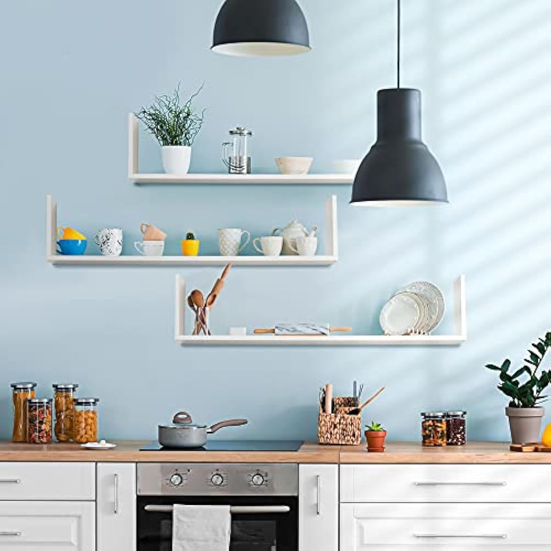 HOMCOM Set of 3 U-Shaped Floating Shelves – White Wooden Wall Storage