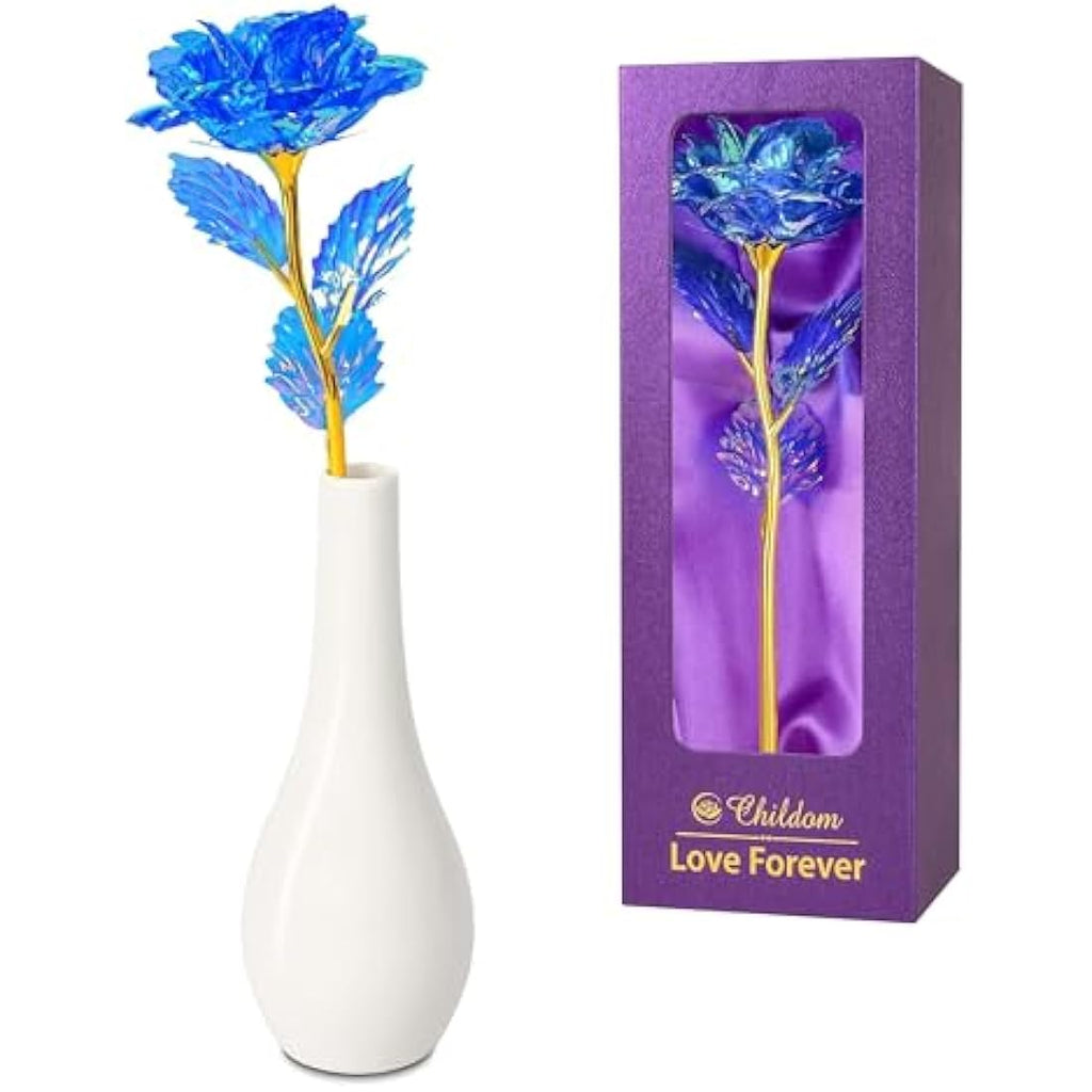 Artificial Blue Rose Flower with Vase – Everlasting Gift Set