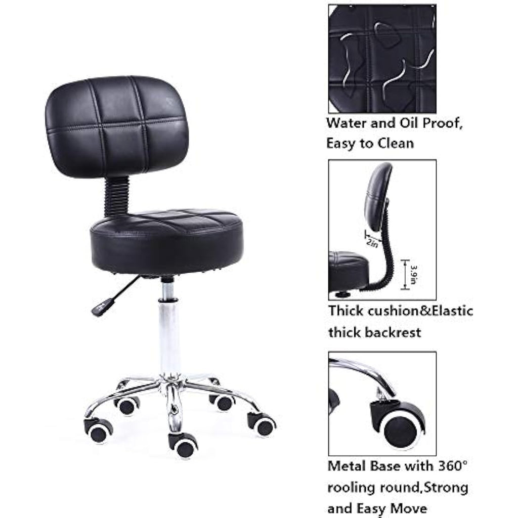 KKTONER Round Rolling Stool with Back - Adjustable PU Leather Salon Chair