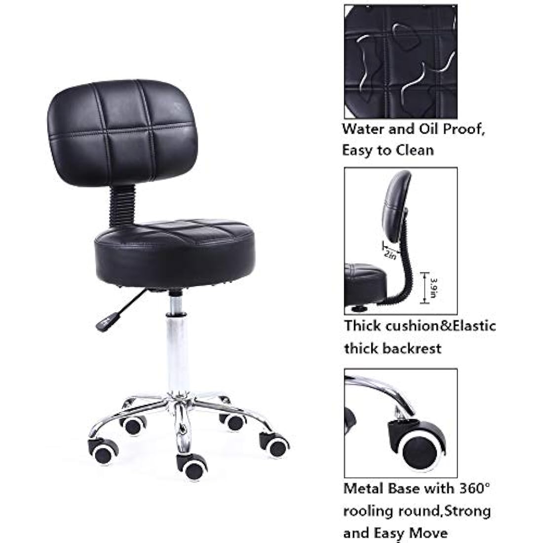 KKTONER Round Rolling Stool with Back - Adjustable PU Leather Salon Chair