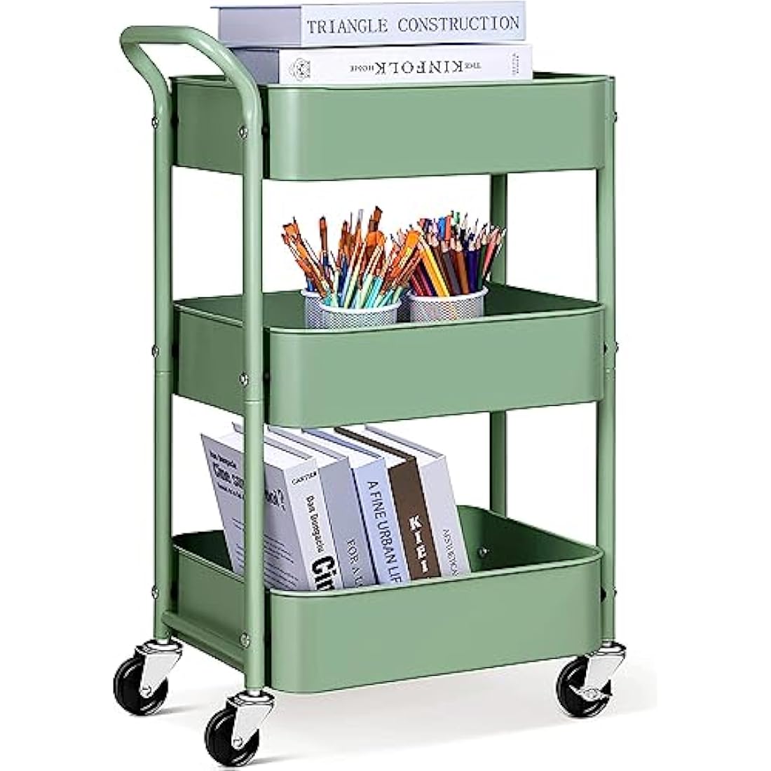 MISSLO 3-Tier Metal Rolling Utility Cart – Small Under Desk Storage, Green