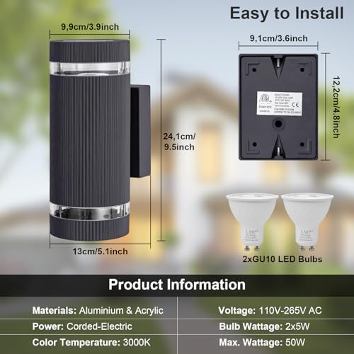 LMP Outdoor Wall Lights – IP65 Anthracite Up Down Exterior Porch Light