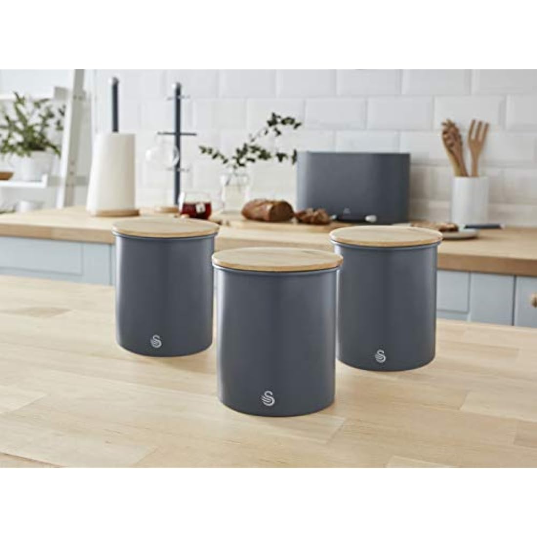 Swan Nordic Set of 3 Tea Coffee Sugar Canisters | Slate Grey & Bamboo