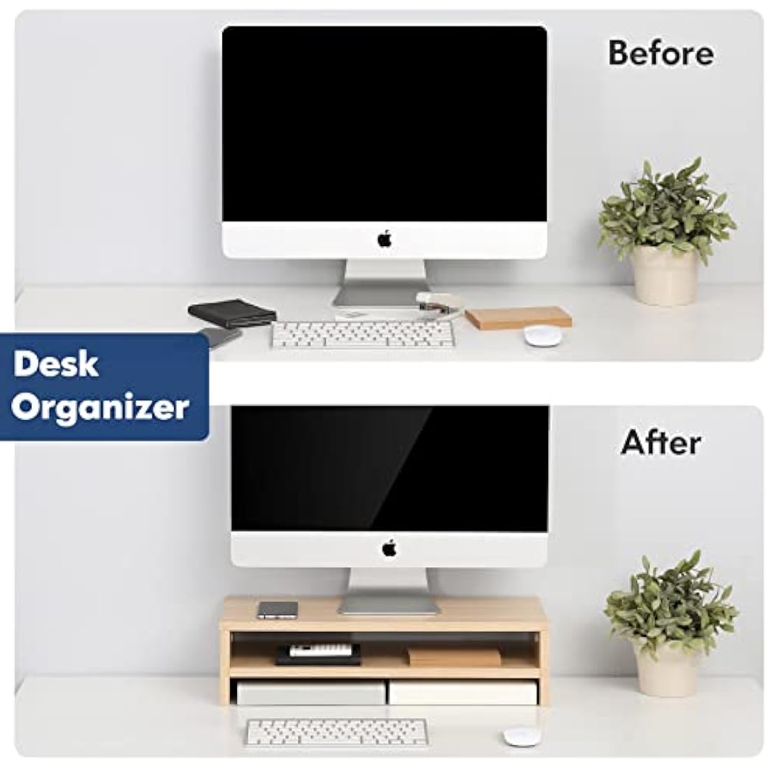 FITUEYES 2-Tier Wood Monitor Riser – 54cm Desktop Stand & Organizer, Oak