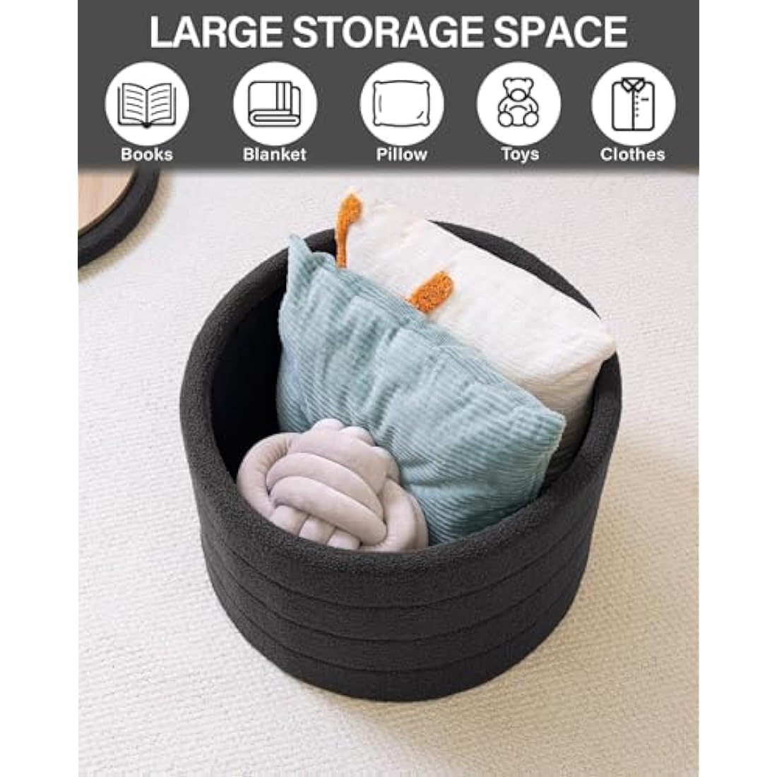 Round Storage Ottoman – Grey Boucle Teddy Fabric Footstool