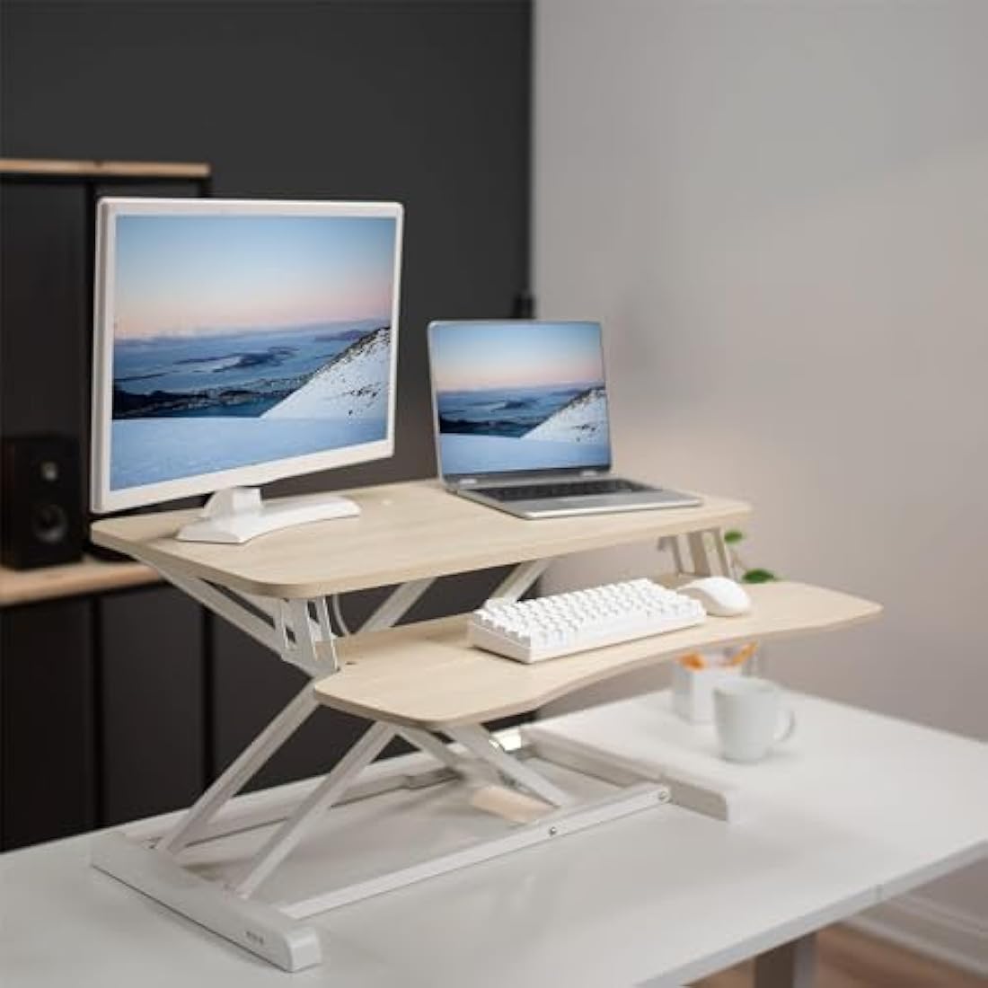 VIVO 81cm Height Adjustable Desk Converter | Light Wood & White