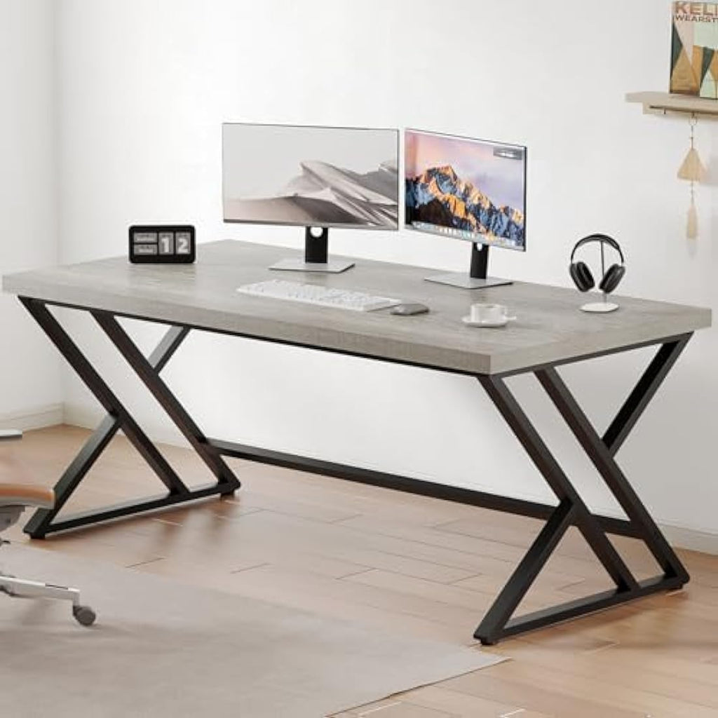LVB Industrial Computer Desk | Large Metal Writing Table - Light Grey