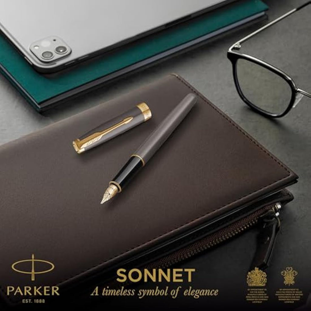 Parker Sonnet Fountain Pen – Grey Lacquer with Gold Trim, Medium Nib