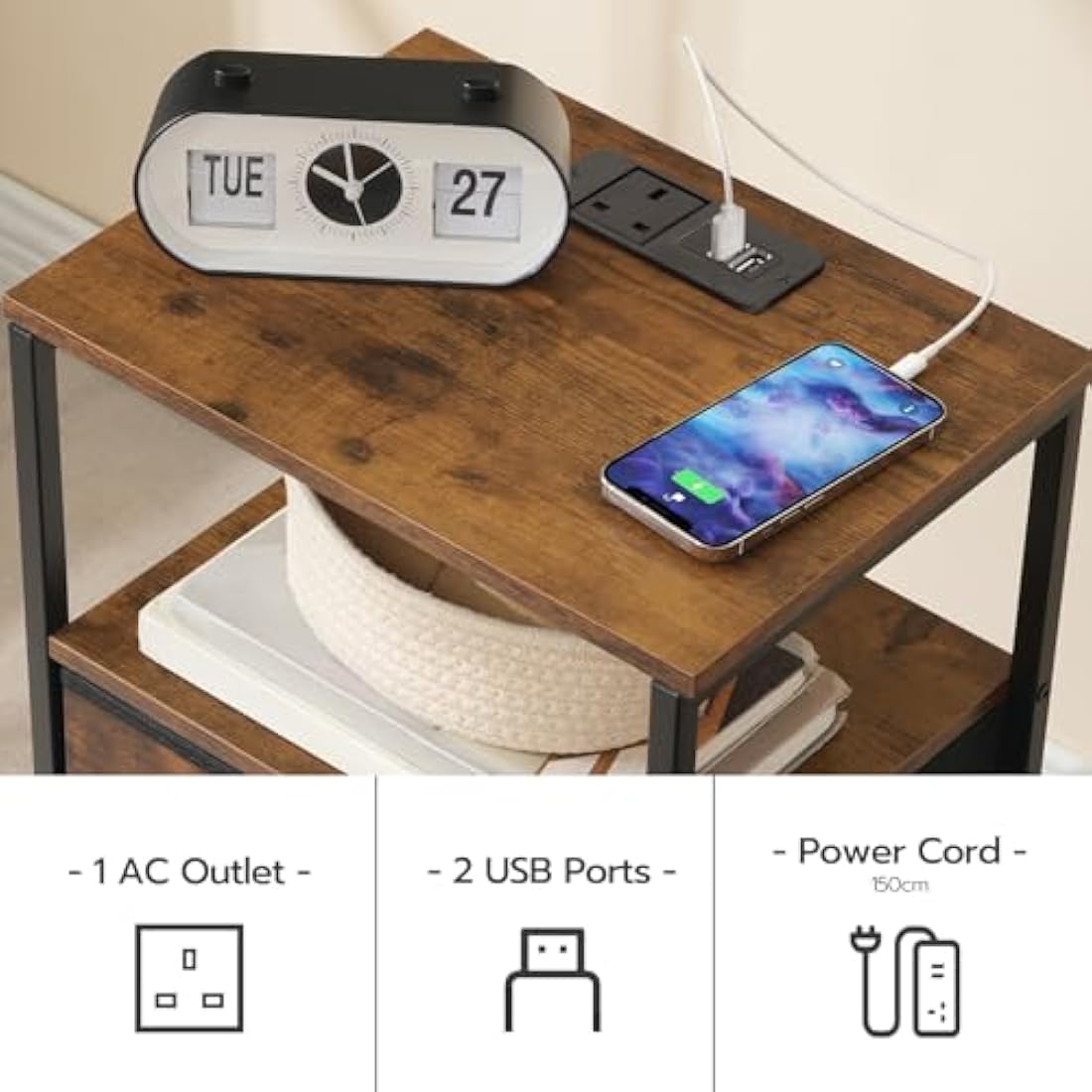HOOBRO Bedside Table with Charging Station | 2-Drawer Rustic Nightstand