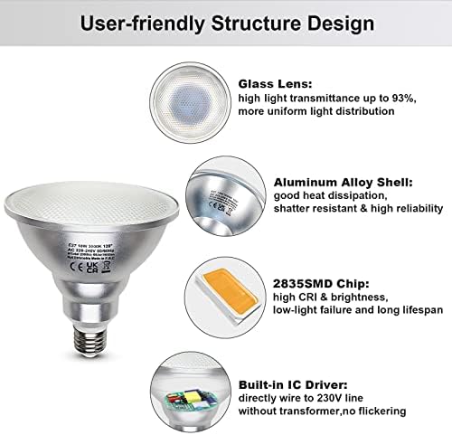 Unikcst PAR38 E27 LED Floodlight Bulbs | 18W Warm White 2000LM - 4 Pack