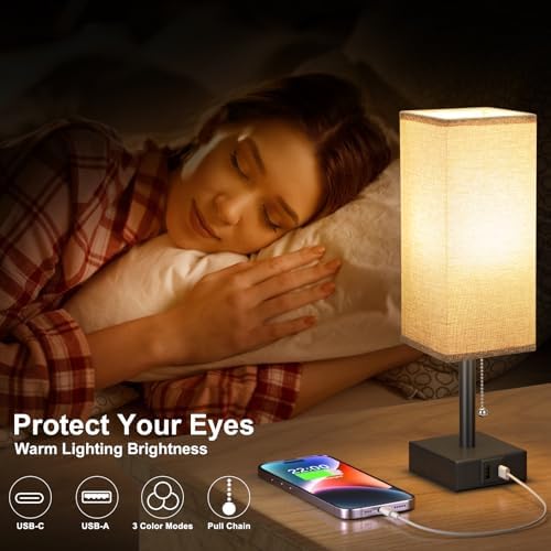 Aooshine Bedside Lamps Set of 2 | USB C+A Ports & 3-Color Modes