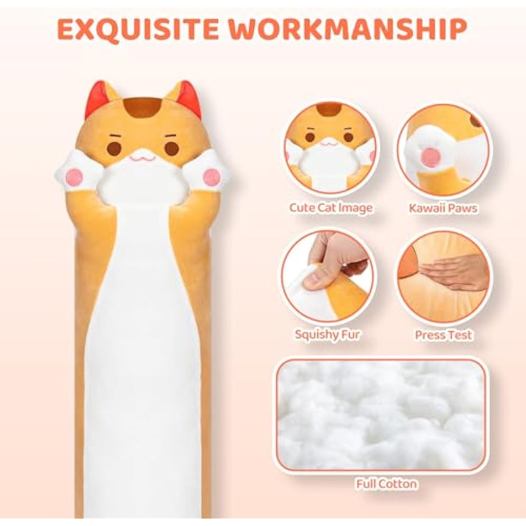 Mewaii 44in Long Cat Plush Body Pillow | Soft Kawaii Stuffed Animal - Orange