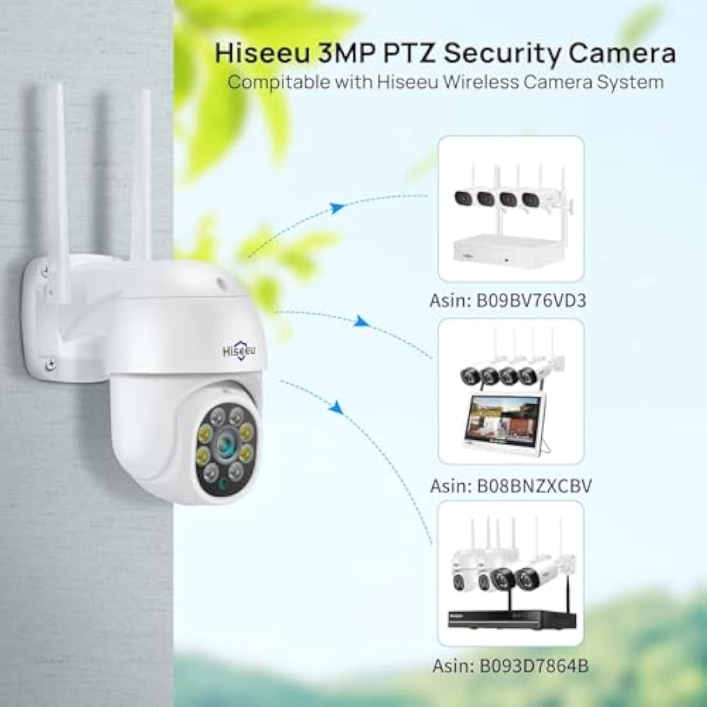 Hiseeu 2K Outdoor Security Camera | 3MP PTZ WiFi CCTV with Color Night Vision