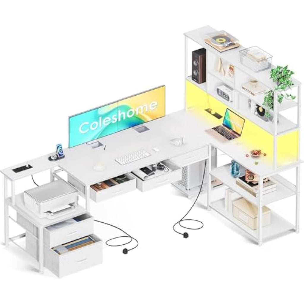 Coleshome L-Shaped Desk with Drawers, LED Lights & Power Outlets - White