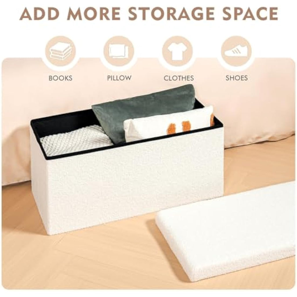 Bonlife White Boucle Storage Ottoman Bench – Folding Toy Box, 80cm