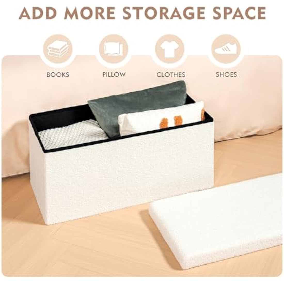 Bonlife White Boucle Storage Ottoman Bench – Folding Toy Box, 80cm