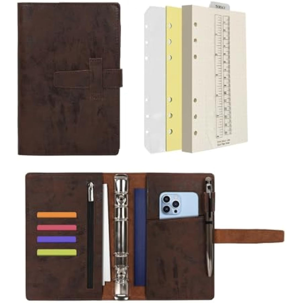 Jolof Store A6 Leather Binder Diary - Refillable 6 Ring Notebook, Coffee