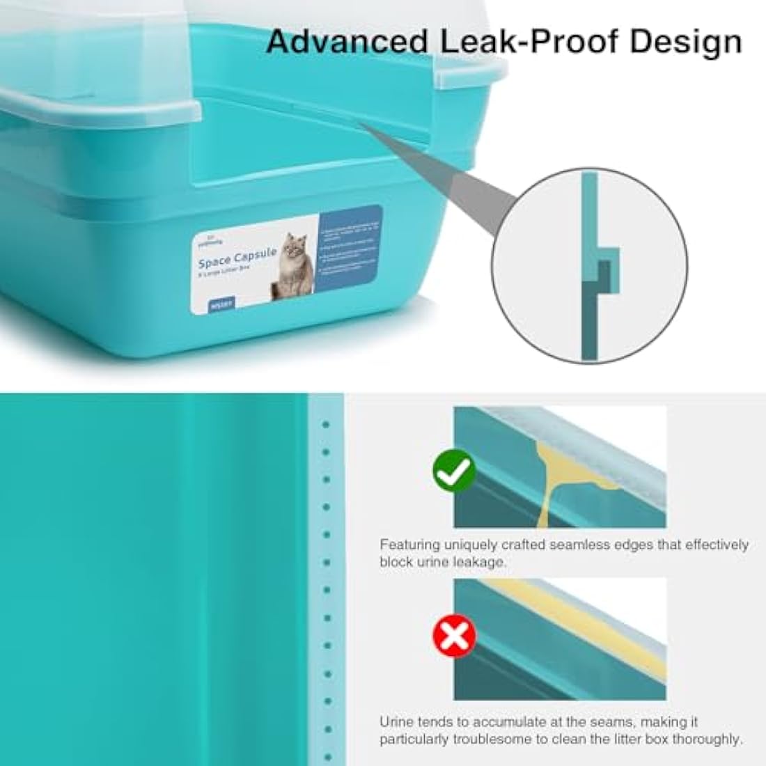 Petfamily 3-in-1 Large Cat Litter Box with Hood | Teal Plastic Tray