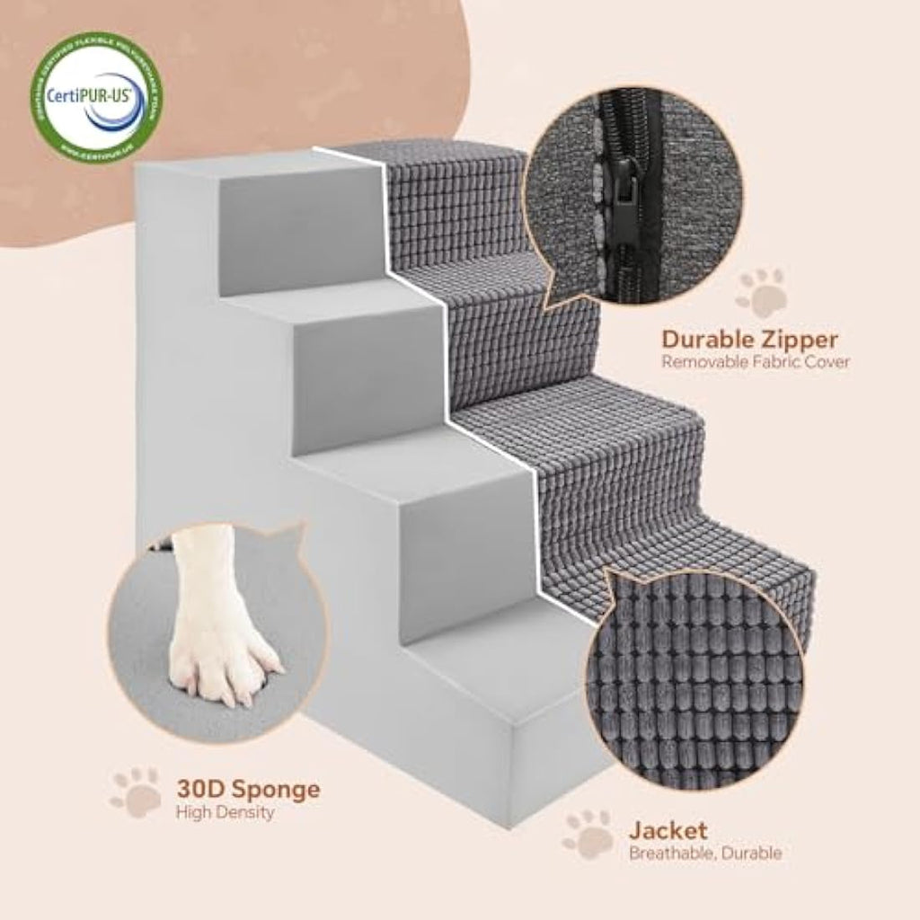 Sytopia 4-Step Foam Dog Stairs – Non-Slip Pet Ramp for High Beds, Grey