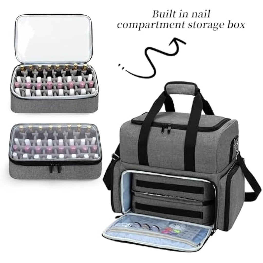 Nail Polish Organiser Bag - Holds 80 Bottles & UV Lamp, Grey