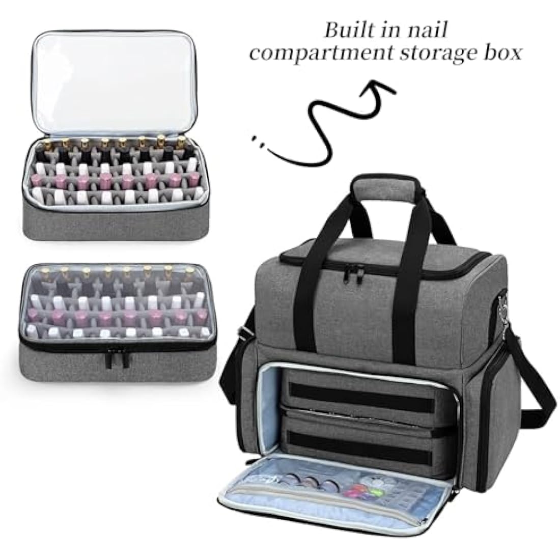 Nail Polish Organiser Bag - Holds 80 Bottles & UV Lamp, Grey
