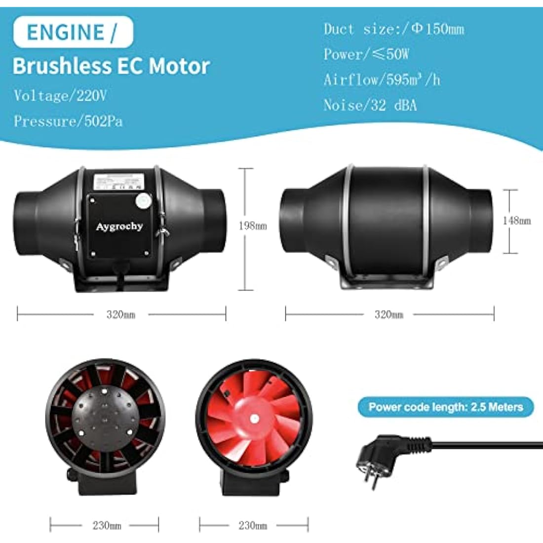 Aygrochy 6” Inline Duct Fan with Smart Temperature Humidity Controller