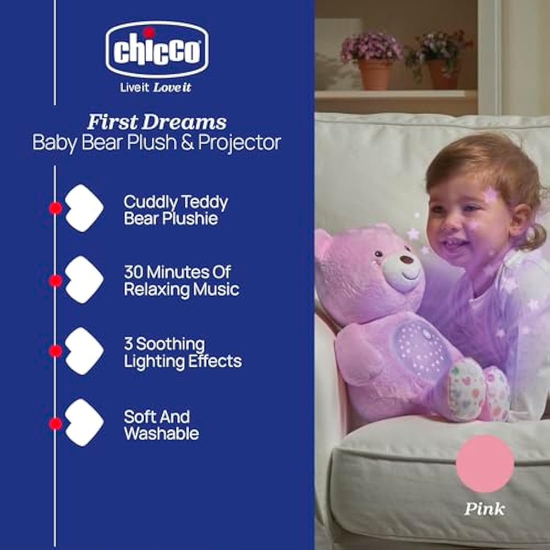 Chicco First Dreams Teddy Bear – Pink Musical Night Light Projector