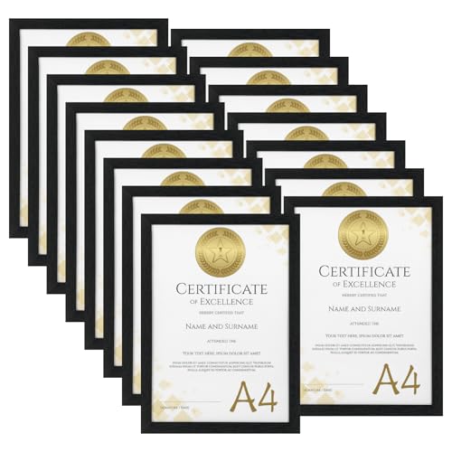 HORLIMER A4 Picture Frames Pack of 15 – Black MDF Wood Certificate Frames