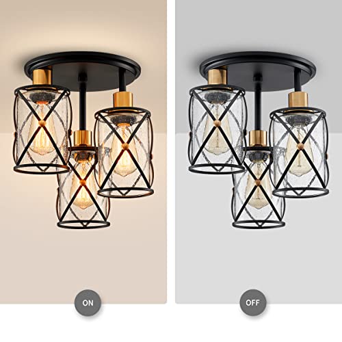WUZUPS Industrial 3-Light Semi Flushmount Ceiling Light | Seeded Glass