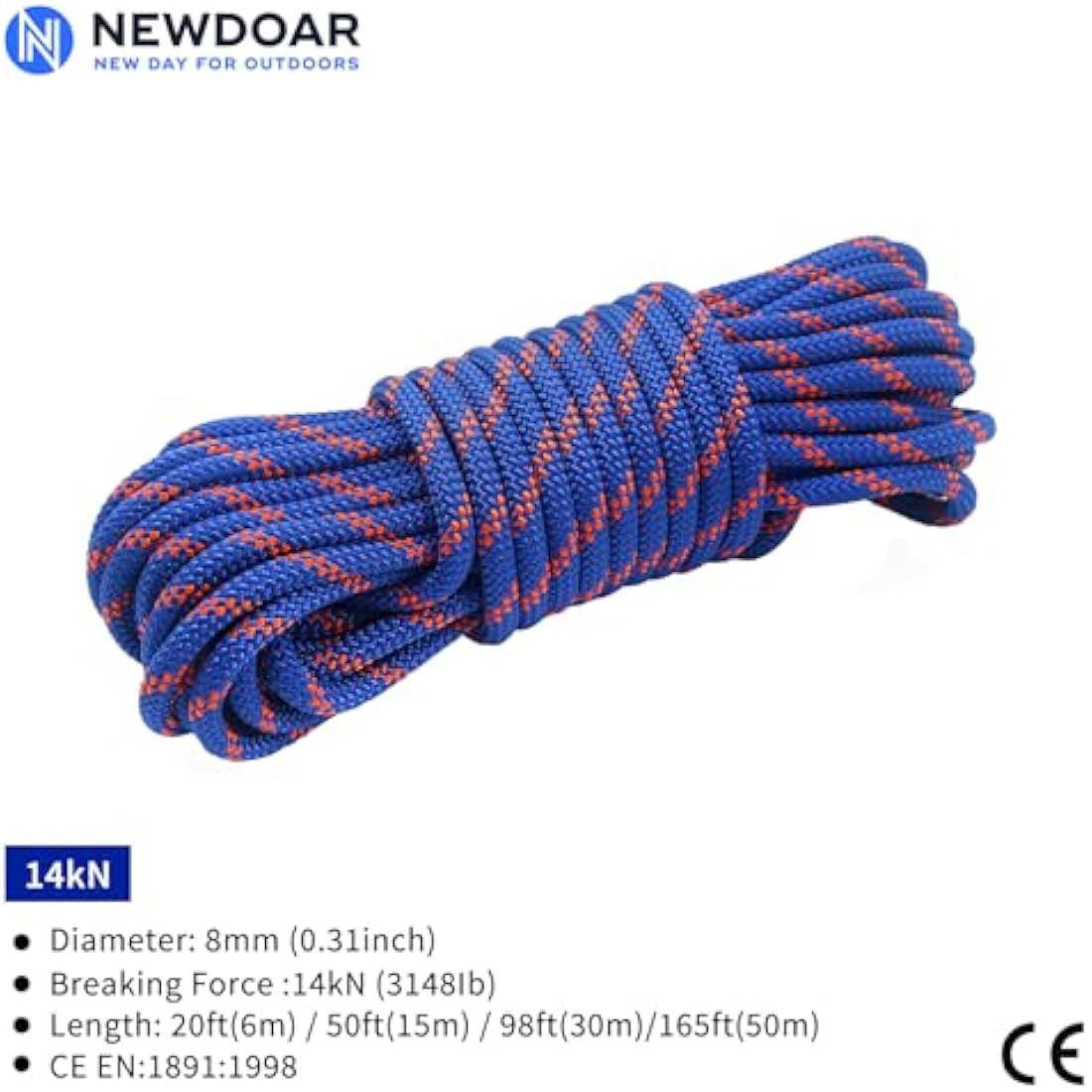 NewDoar 10mm Static Accessory Cord – 18KN High Strength Double Braid Rope