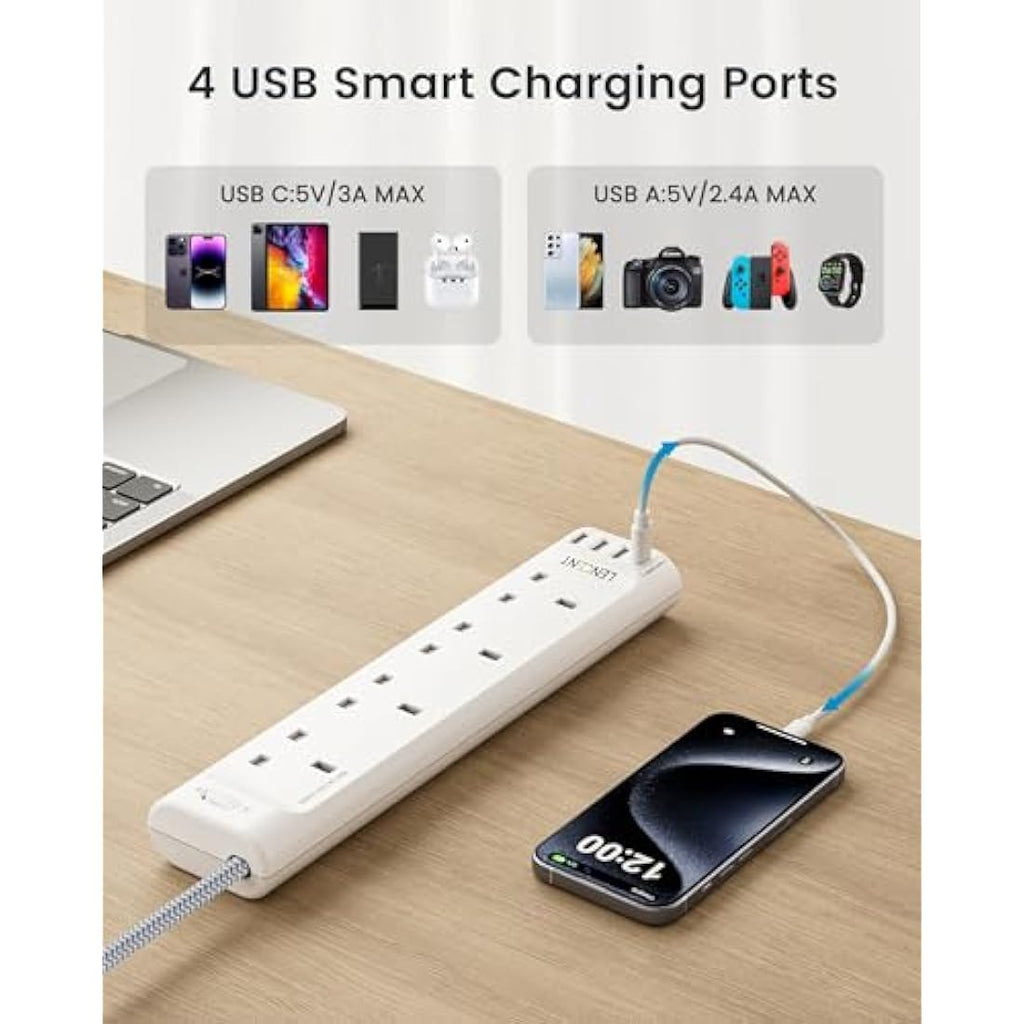 LENCENT 5M Extension Lead – 4 Way Power Strip with 4 USB Ports