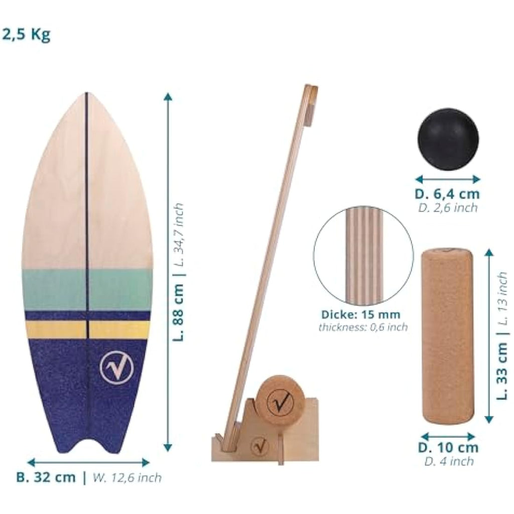 Valuents Wooden Surfboard Balance Board with Cork Roller and Stand