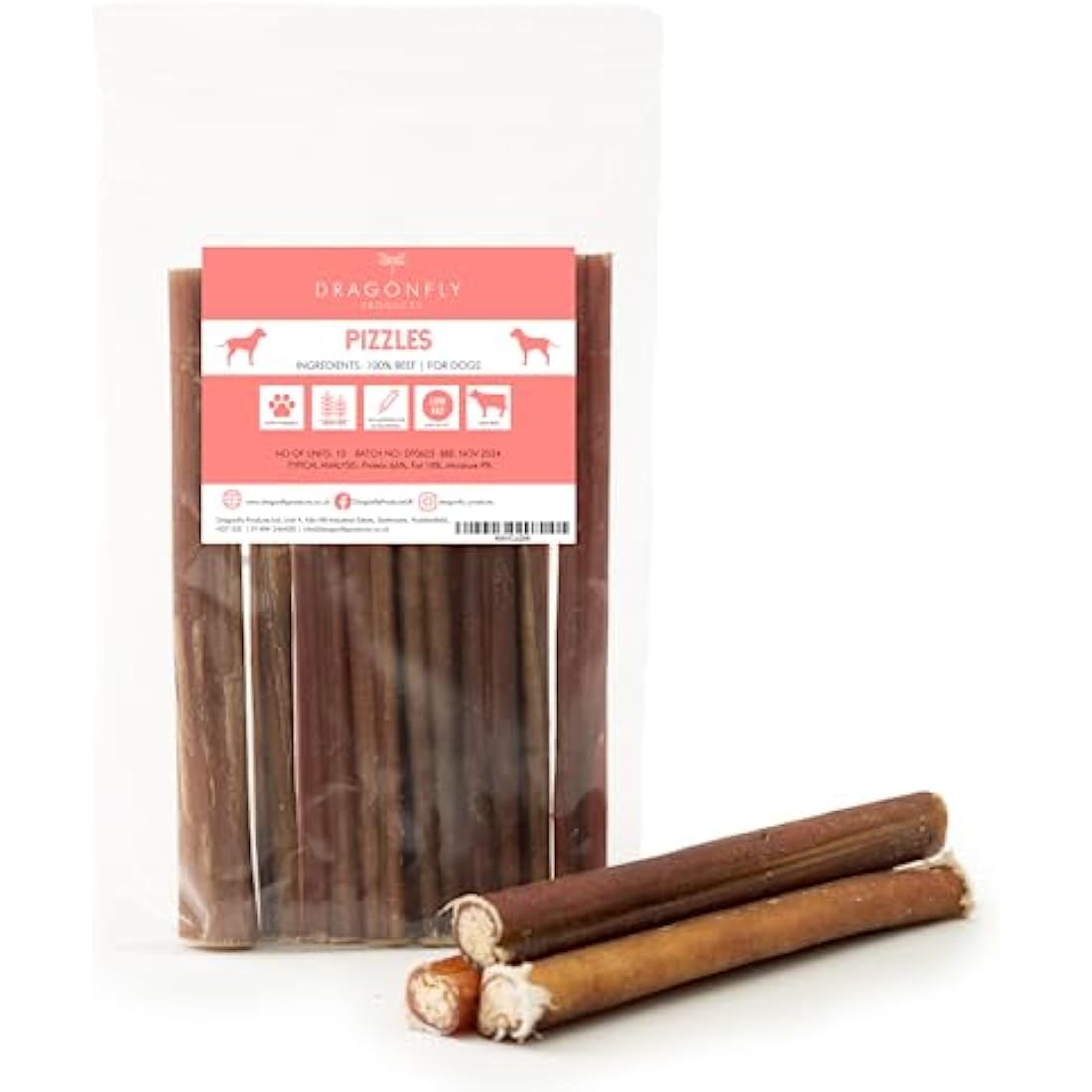 Dragonfly Products Beef Pizzle Bully Sticks - 10 Pack Natural Dog Chews