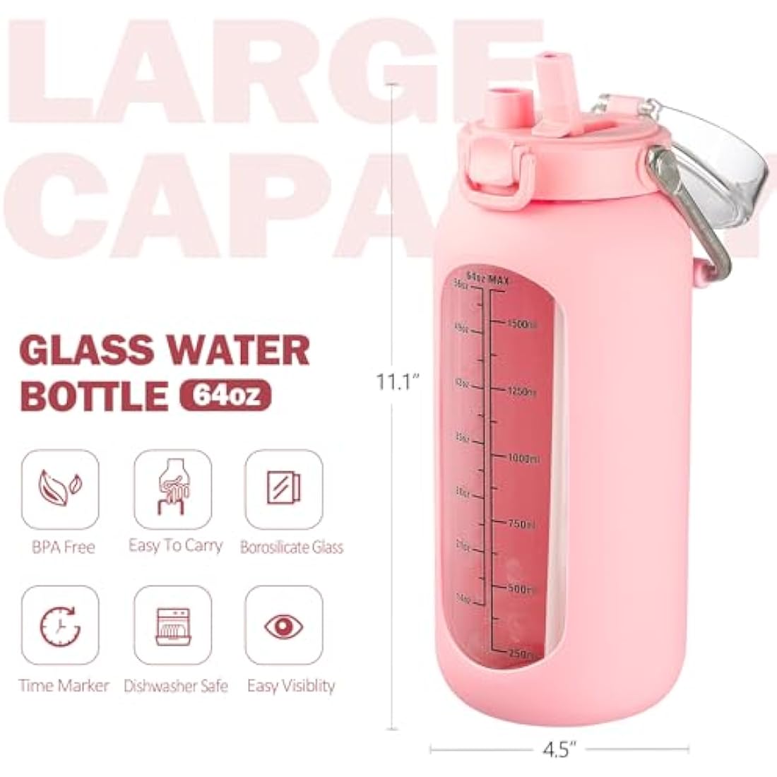 BLUEGO 2L Glass Water Bottle with Time Marker and Straw – Pink