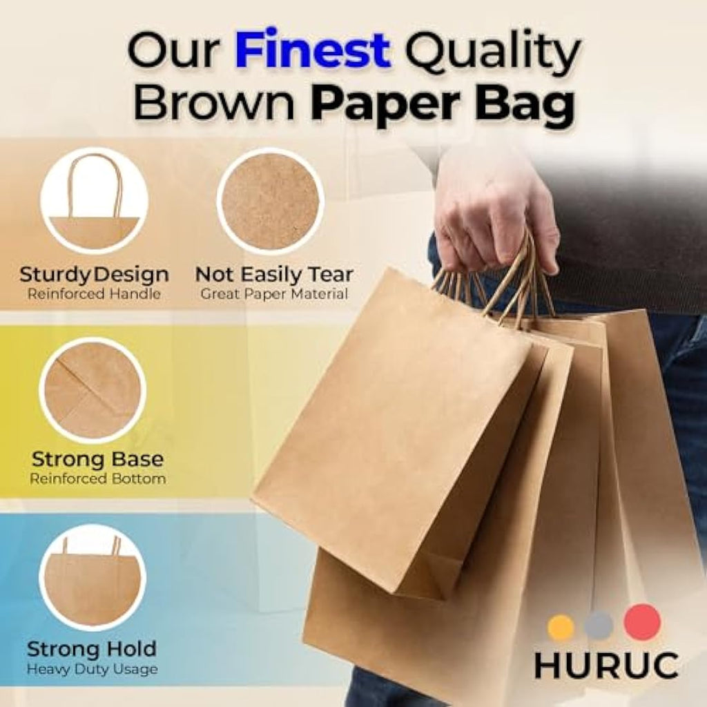 HURUC 50 Pcs Brown Kraft Paper Gift Bags with Handles - 18x24x8cm