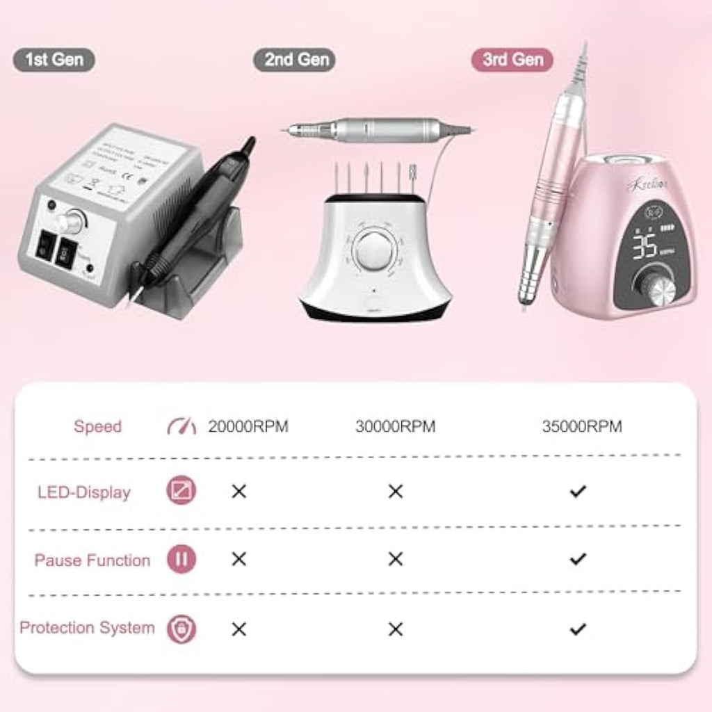 Kredioo Professional Electric Nail Drill | 35000RPM E-File Kit - Rose Pink