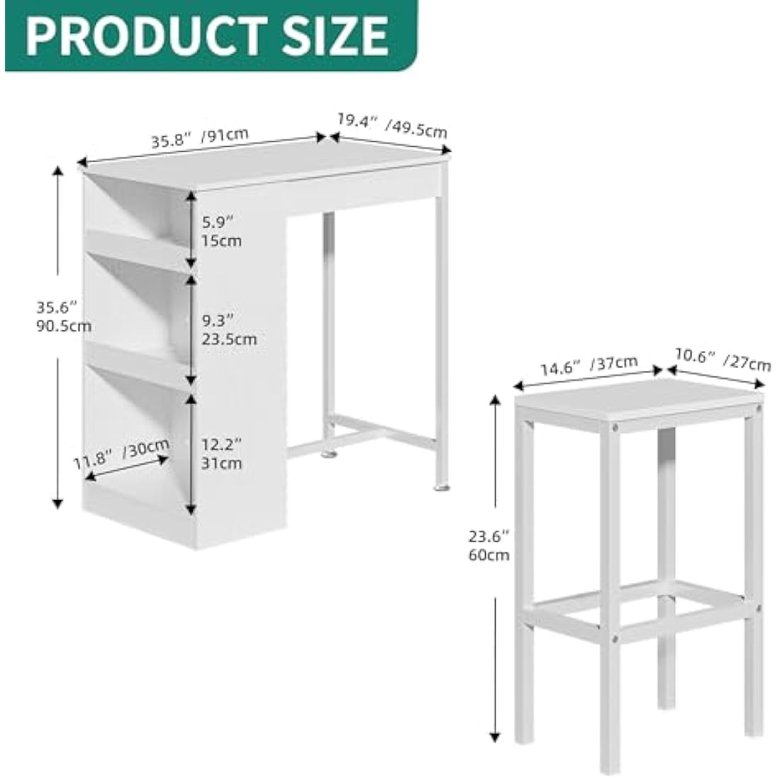 YITAHOME 3-Piece Industrial Bar Table Set with 2 Stools & Storage - White
