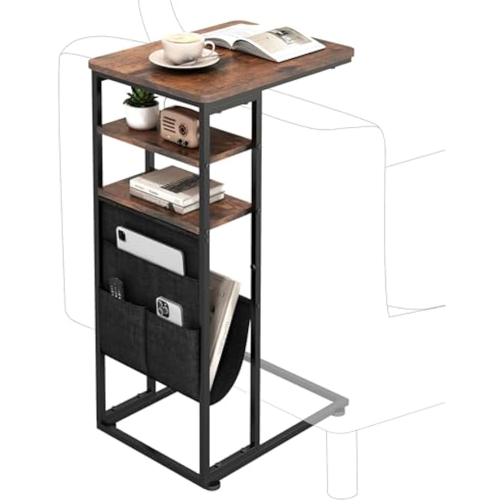 ZEXVIDA C Shaped Side Table – 3-Tier Industrial End Table with Storage