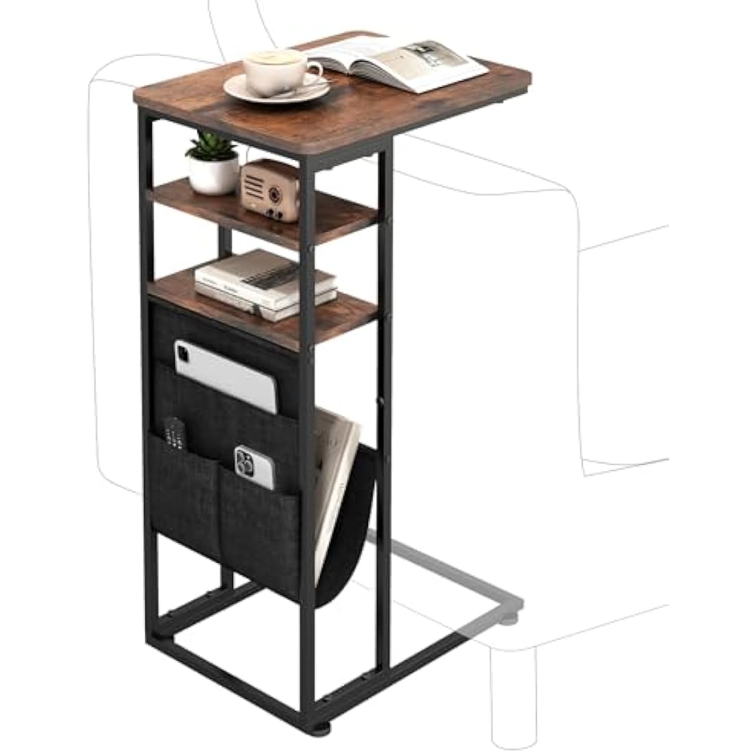 ZEXVIDA C Shaped Side Table – 3-Tier Industrial End Table with Storage