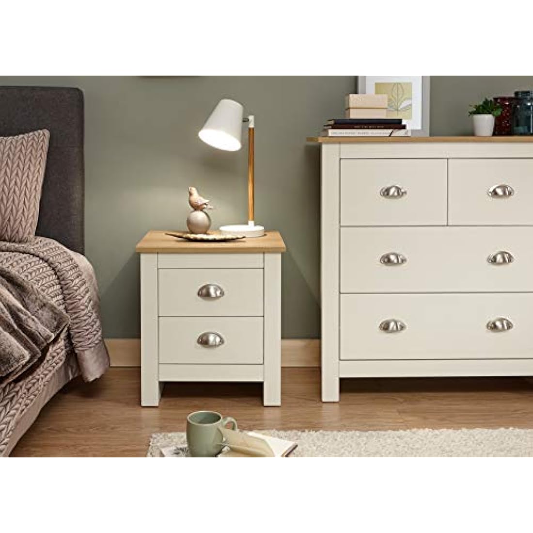 Lancaster Bedside Cabinet – Cream with Oak Top 2-Drawer Storage