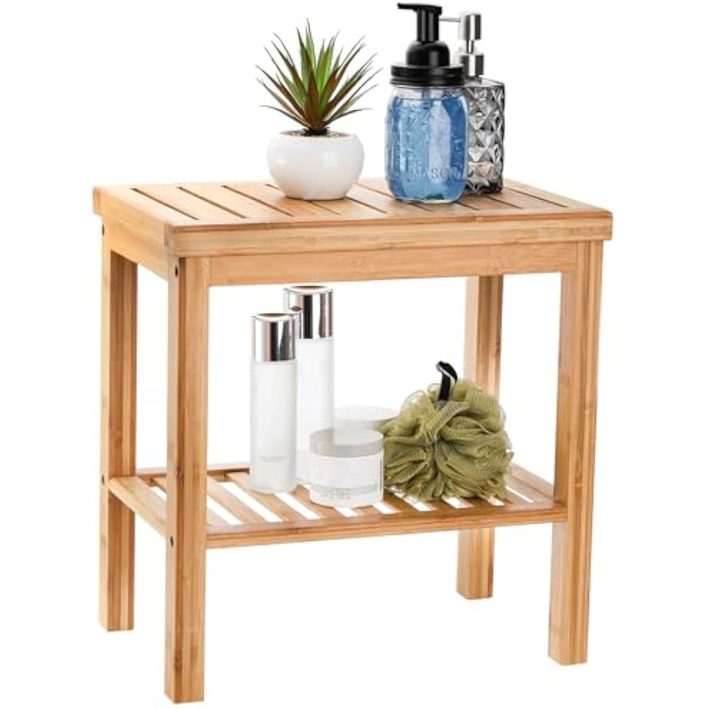 SOUJOY Bamboo Shower Bench - Waterproof Bath Stool with Storage Shelf