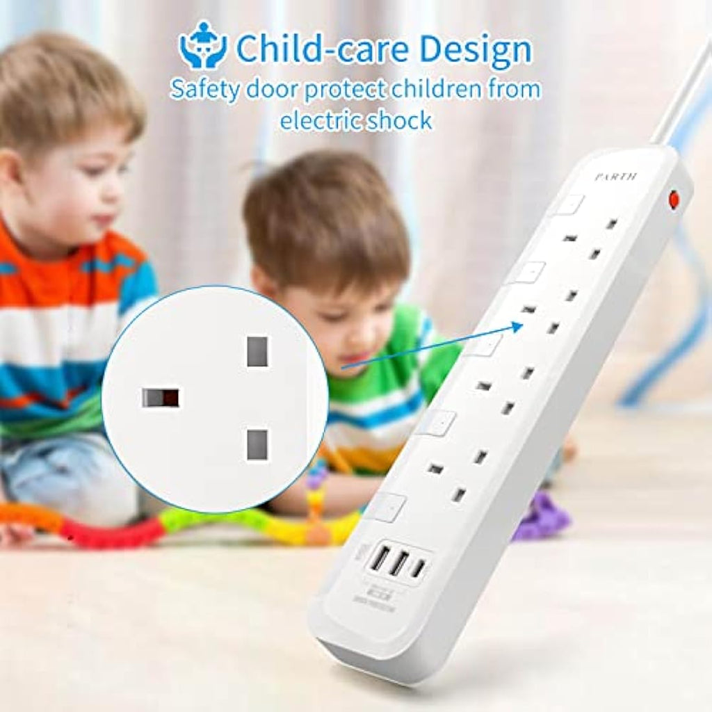 PARTH 4 Way Extension Lead with USB C PD 18W - 3m Surge Protected Strip