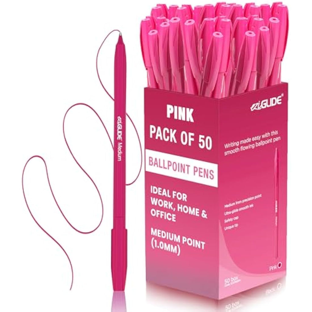 Eziglide Pink Ballpoint Pens – 50-Pack Medium 1.0mm Smooth Ink Set