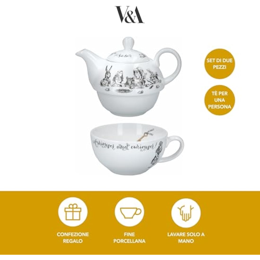 V&A Alice in Wonderland Tea for One Set - Fine China Teapot & Cup, 250ml