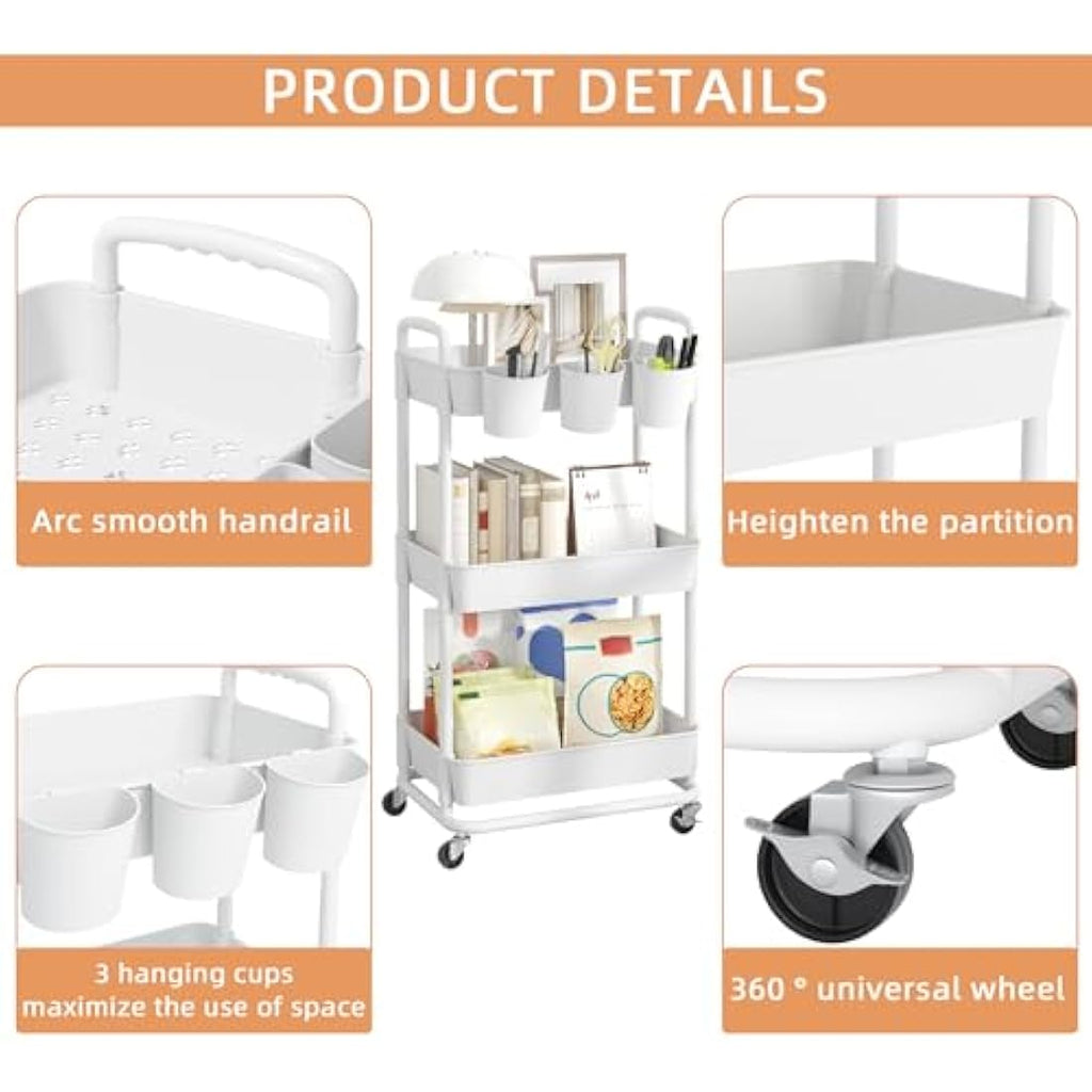 JIUYOTREE 3-Tier Rolling Utility Cart with Handles and Locking Wheels - White